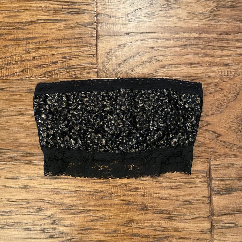 Sequin Lace Bandeau Top Black Gold Strapless Floral Shimmer Party Crop Top